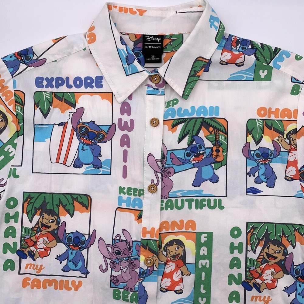 Disney Her Universe Lilo & Stitch Men XS White Aloha Hawaiian Button Up Shirt